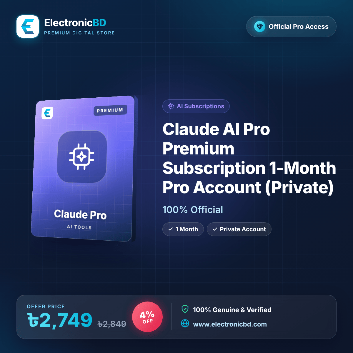 Claude AI Pro Premium Subscription 1-Month Pro Account (Private) – 100% Official