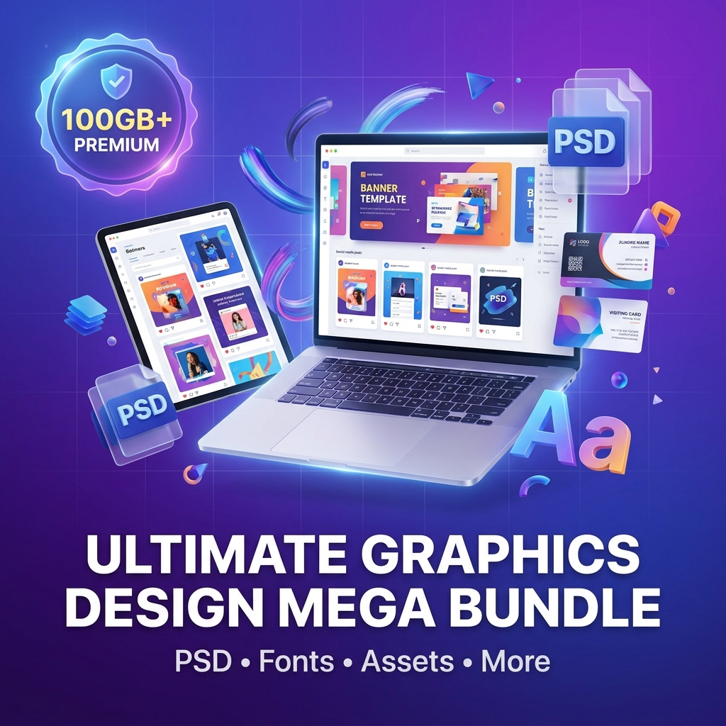 100GB+ Ultimate Graphics Design Mega Bundle (PSD, Fonts, Assets & More)